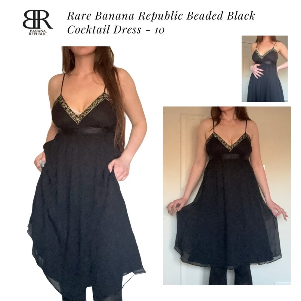Rare Banana Republic Beaded Black Midi Cocktail Dress - 10